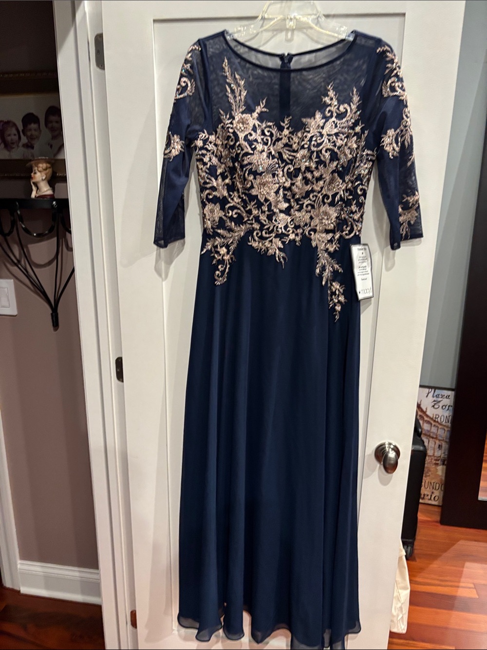 Elegant Navy Maxi Dress with Gold Floral Embroidery
